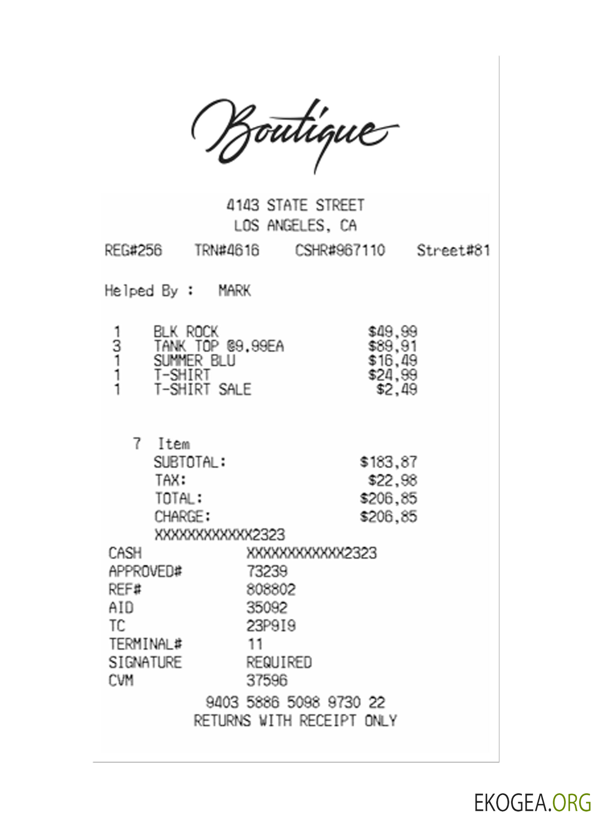 Reçu de paiement BOUTIQUE